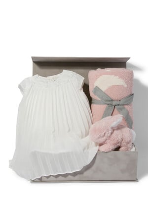 Pleated Dress - 4 Piece Gift Set with Soft Toy Treasured Pink Bunny and Chenille Blanket
